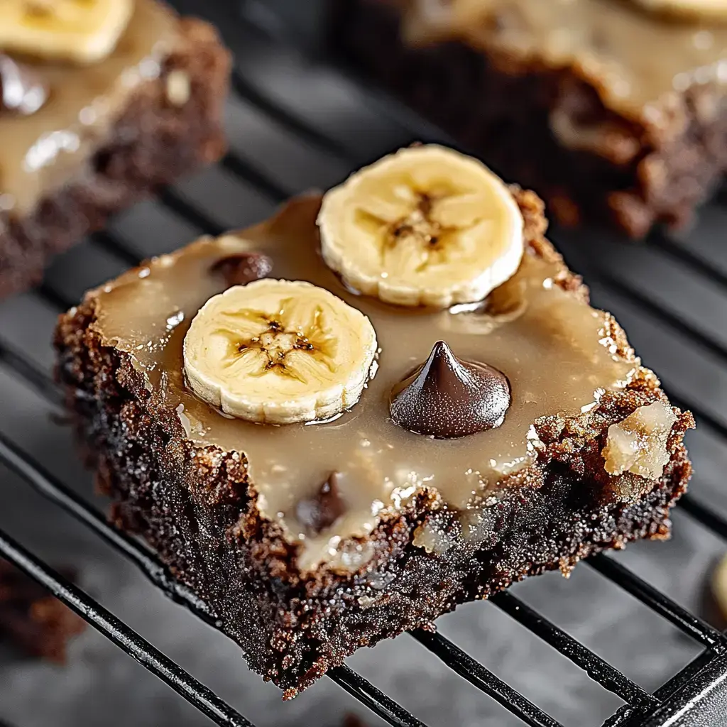 A close-up of a chocolate brownie topped with a glossy caramel glaze, banana slices, and chocolate chips, placed on a cooling rack.