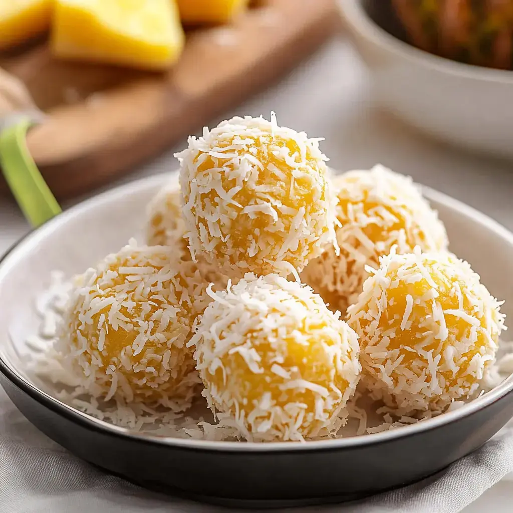 A close-up of a black and white dish filled with coconut-covered yellow sweet treats, with pieces of pineapple in the background.