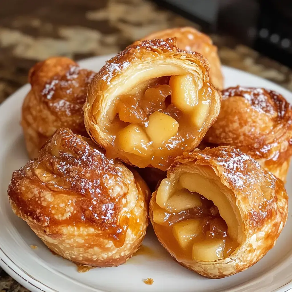 A plate of flaky pastries filled with sweet apple filling and dusted with powdered sugar.