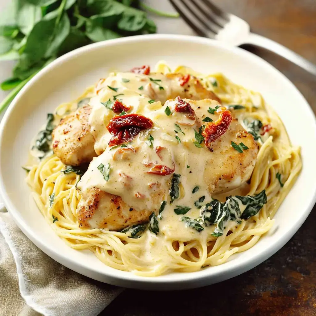 A plate of creamy garlic chicken served over a bed of spinach and pasta, garnished with sun-dried tomatoes.