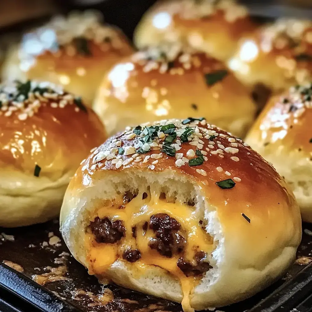 A close-up image of a freshly baked bun filled with melted cheese and minced meat, topped with sesame seeds and chopped herbs.