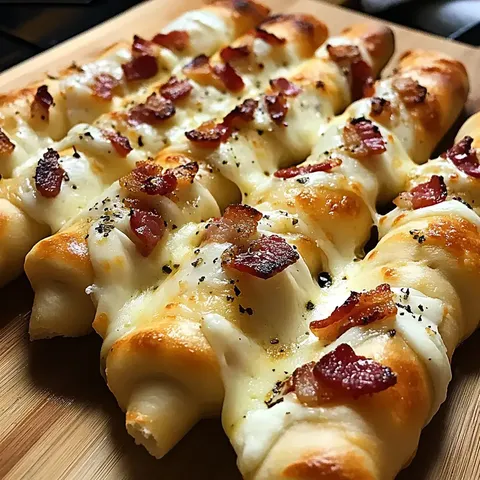 A close-up of freshly baked breadsticks topped with melted cheese and crispy bacon bits, arranged on a wooden surface.
