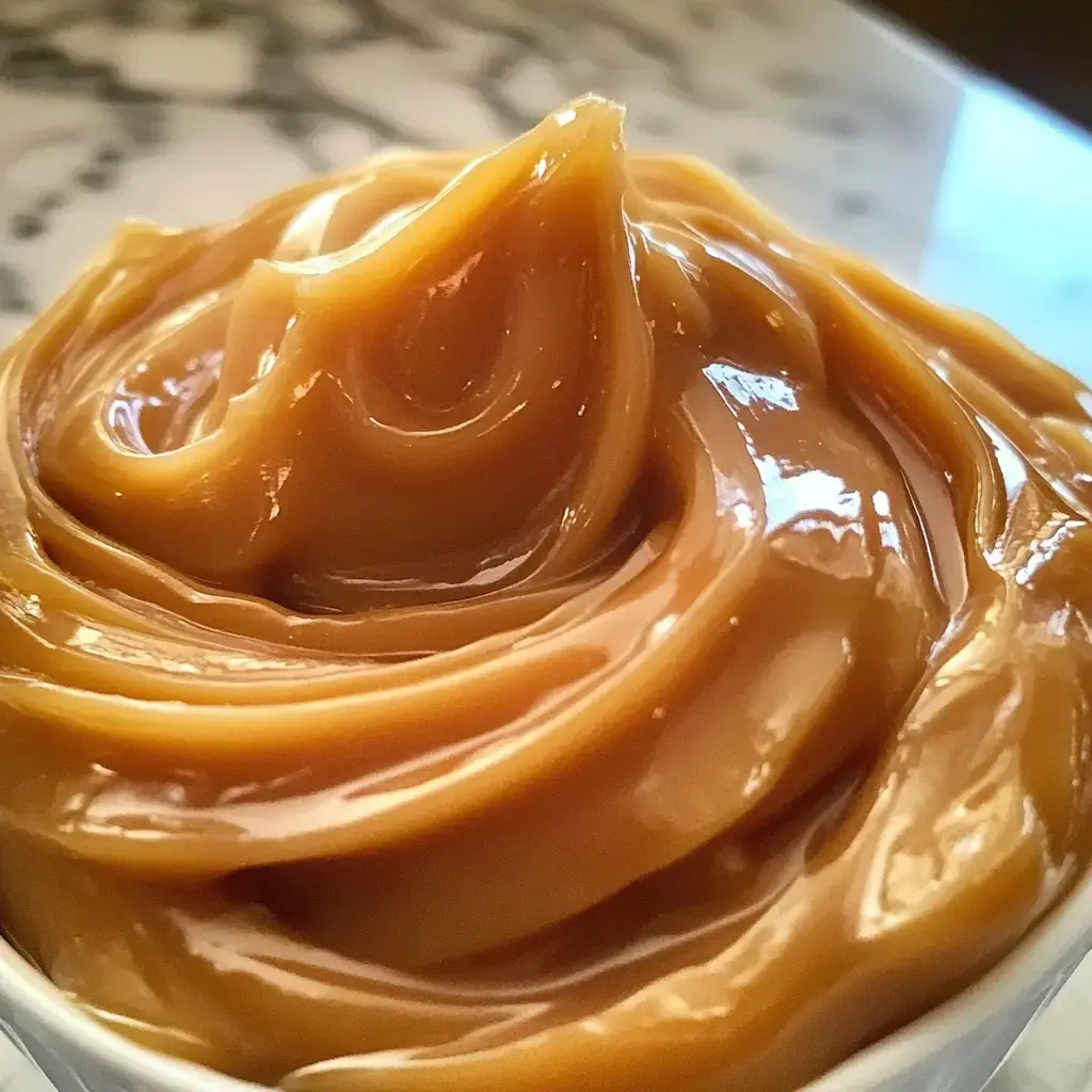 A close-up view of smooth, creamy caramel sauce swirled in a dish.