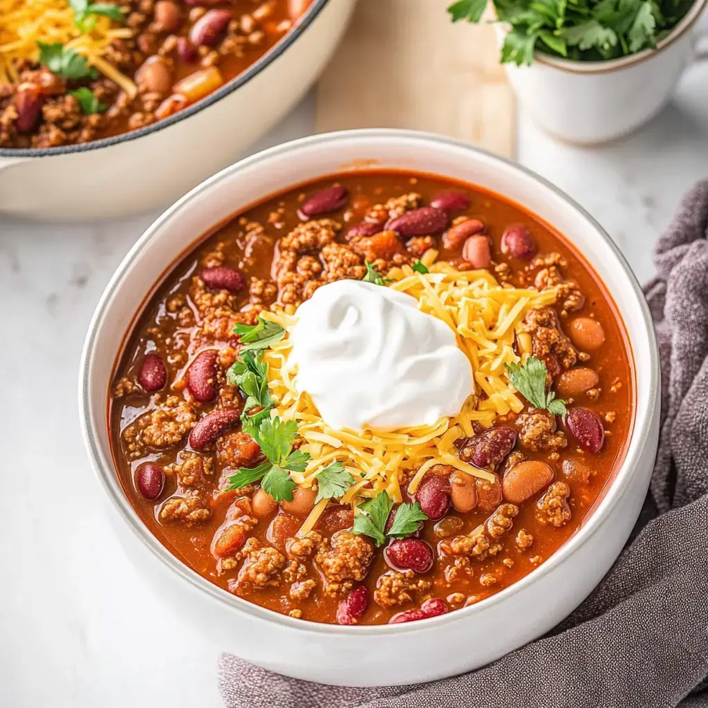 A hearty bowl of chili topped with shredded cheese, sour cream, and fresh parsley, alongside a pot of chili in the background.