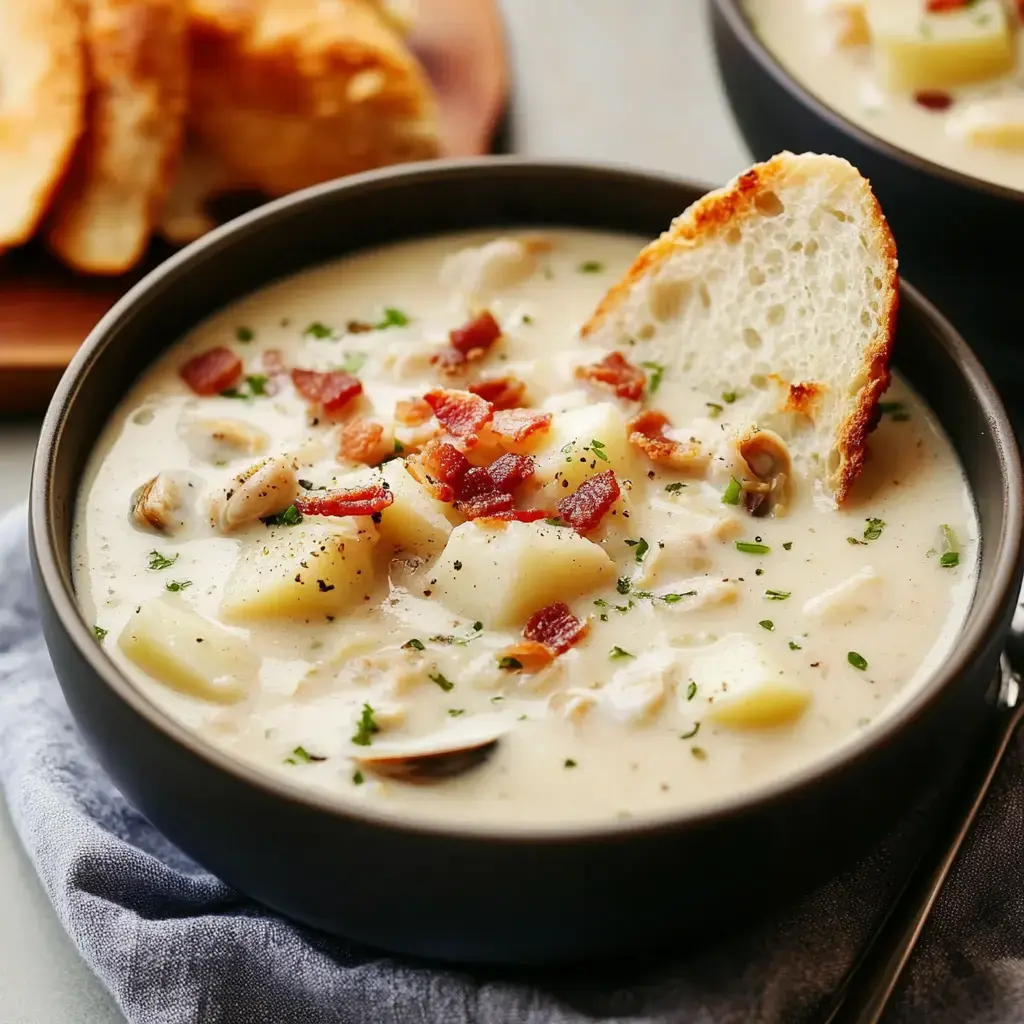 A creamy soup with potatoes and bacon, garnished with parsley, is served in a black bowl alongside a slice of toasted bread.