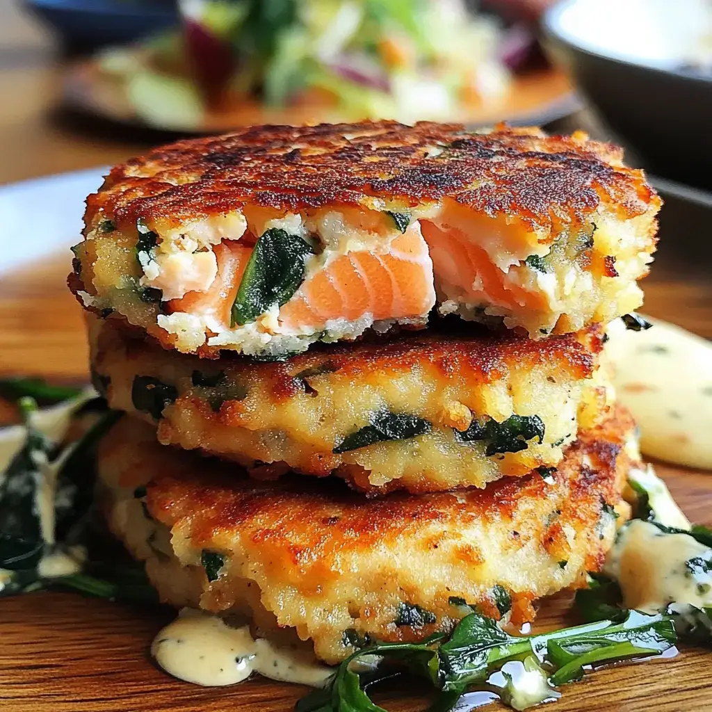 A stack of three golden-brown fish cakes filled with salmon and spinach, served on a wooden plate with a drizzle of sauce.