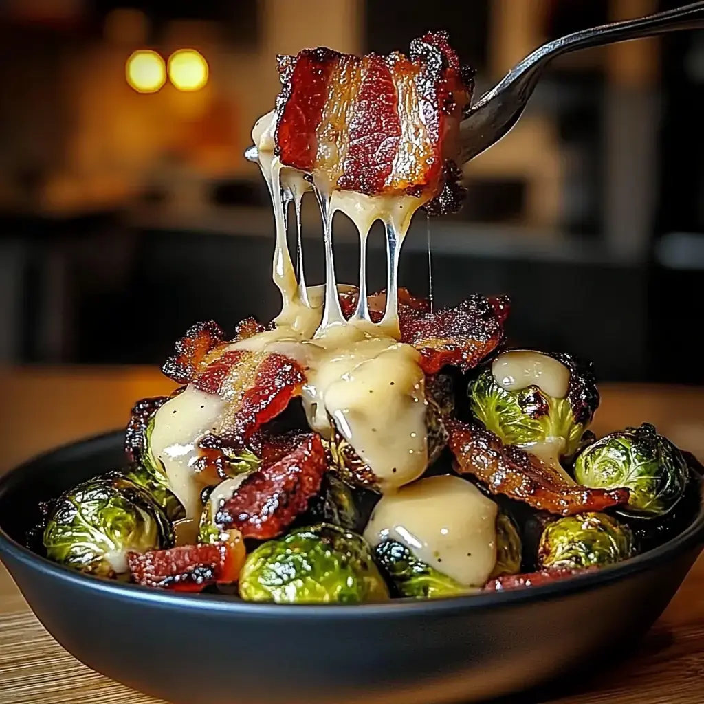 A close-up of Brussels sprouts topped with crispy bacon and cheese sauce, with a fork lifting a piece of bacon.