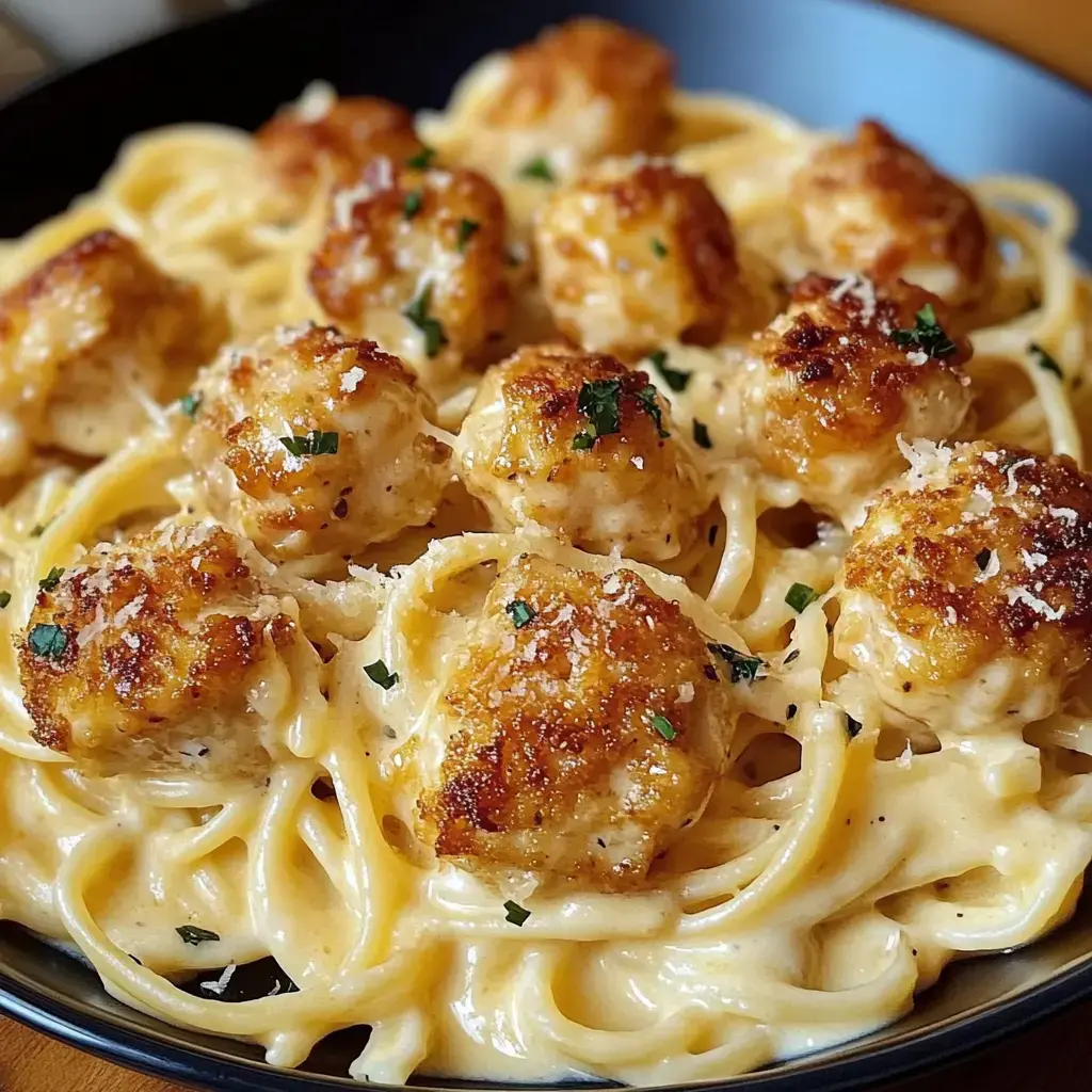 A close-up of a dish featuring fettuccine pasta topped with creamy sauce and golden-brown meatballs, garnished with parsley.