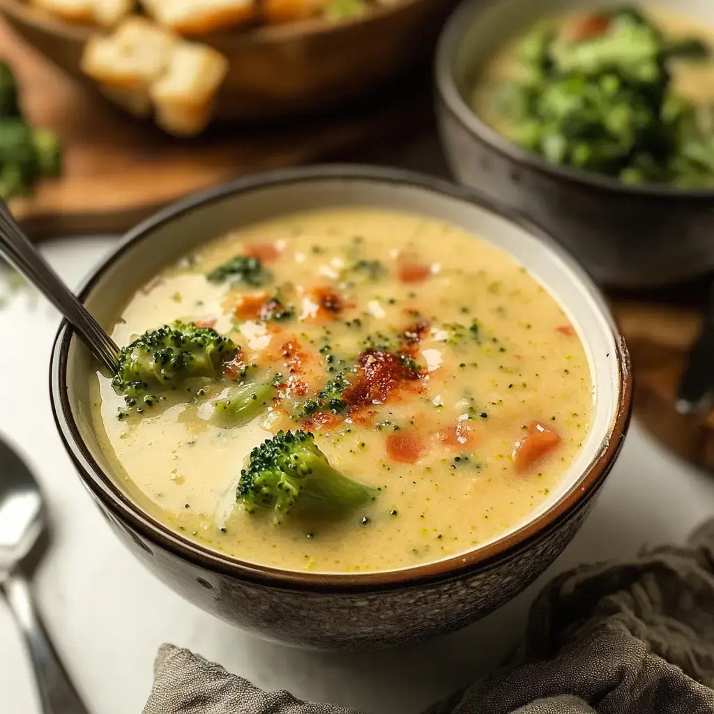 A bowl of creamy broccoli cheese soup garnished with broccoli florets and a sprinkle of paprika, with a spoon resting beside it.