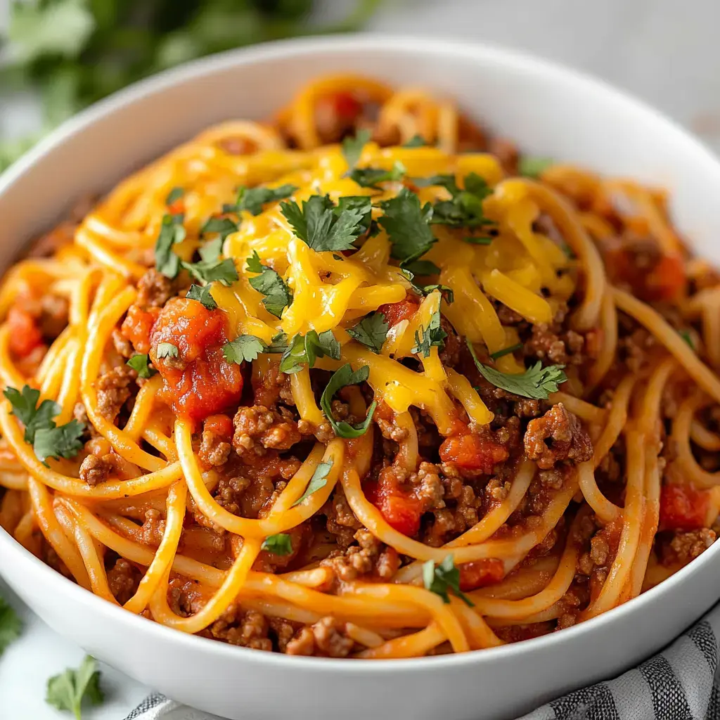 A bowl of spaghetti topped with seasoned ground beef, diced tomatoes, shredded cheese, and fresh cilantro.