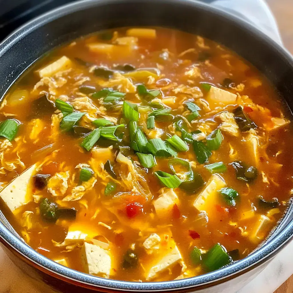 A close-up image of a steaming bowl of soup featuring tofu, shredded eggs, and green onions in a rich, flavorful broth.