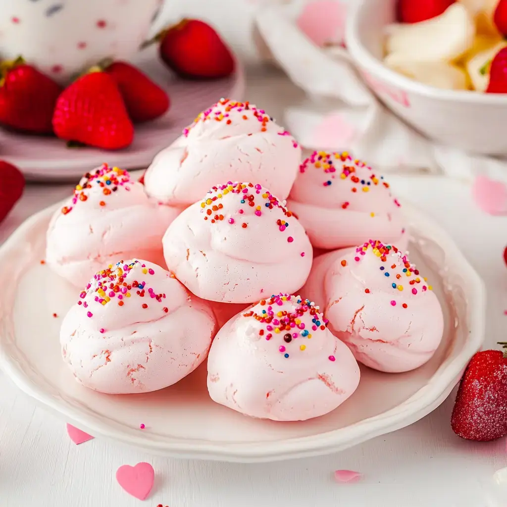 A plate of pink meringue kisses decorated with colorful sprinkles, surrounded by fresh strawberries and heart-shaped decorations.