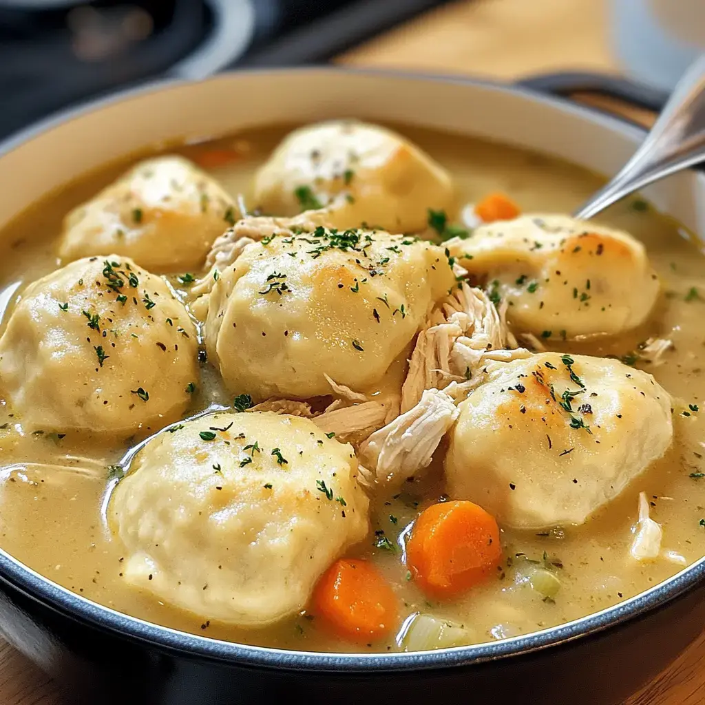 A bowl of chicken and dumplings featuring tender dumplings, shredded chicken, and diced carrots in a creamy broth, garnished with parsley.