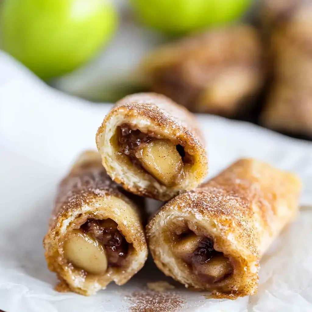 Three crispy cinnamon sugar rolls filled with apple and chocolate are stacked on a white surface, with green apples blurred in the background.