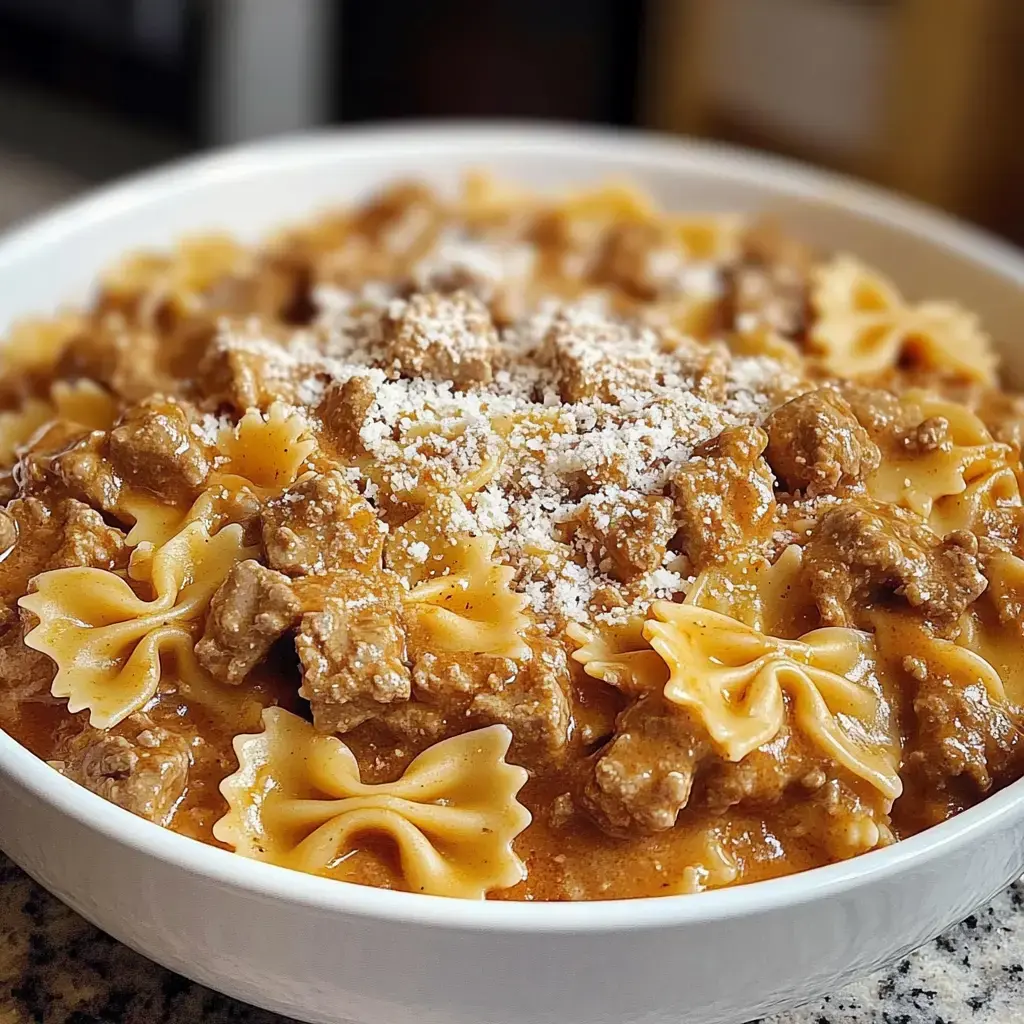 A white bowl filled with bowtie pasta and chunks of meat in a creamy sauce, topped with grated cheese.