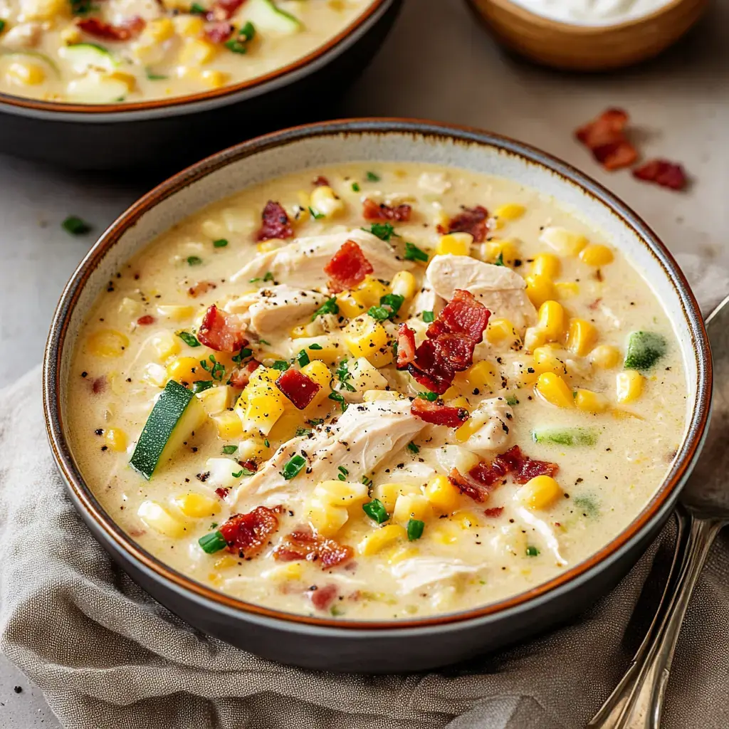 Creamy chicken corn chowder topped with crispy bacon and fresh herbs in a dark bowl.