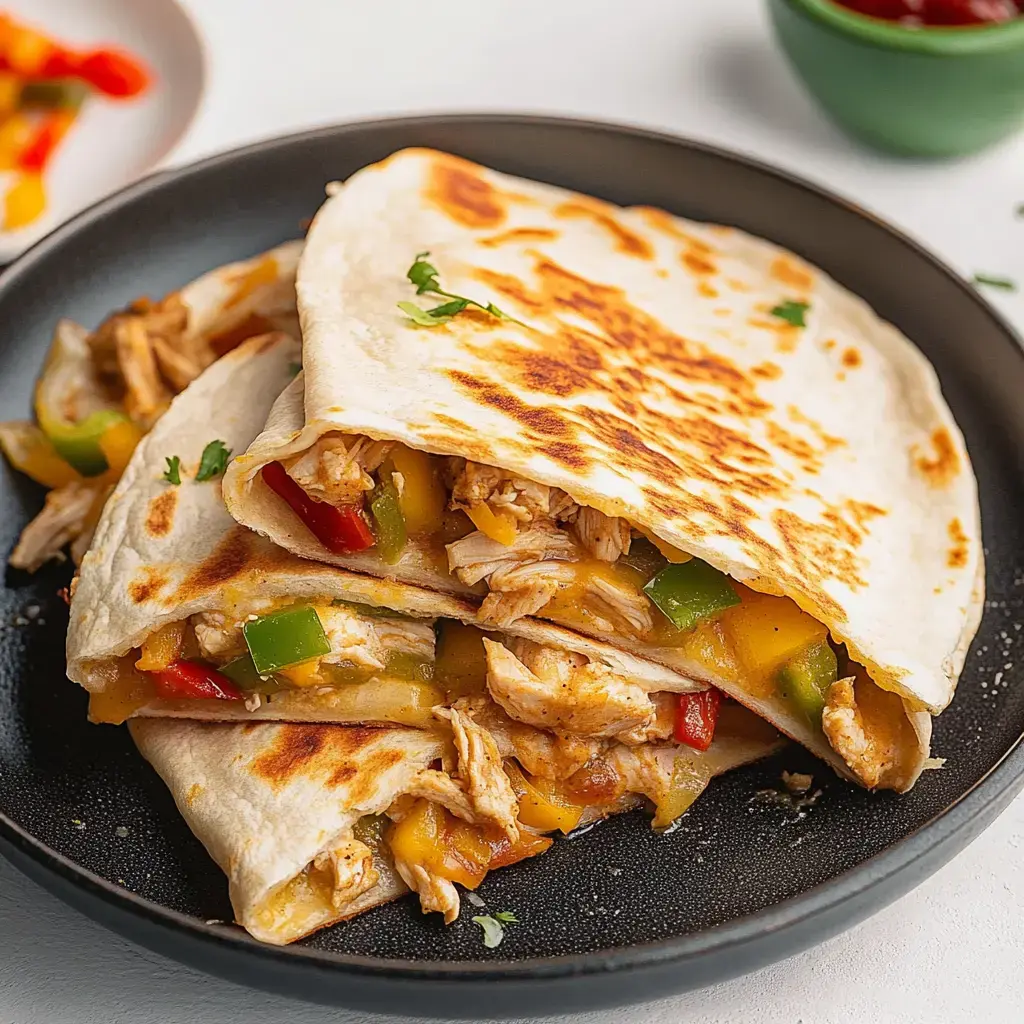 A plate of cheesy chicken quesadillas with colorful bell peppers garnished with cilantro.