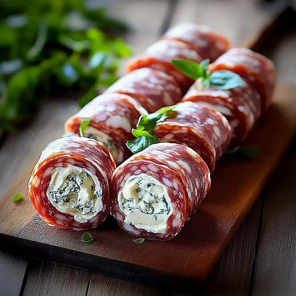 Sliced servings of rolled salami filled with creamy cheese and herbs are displayed on a wooden cutting board.