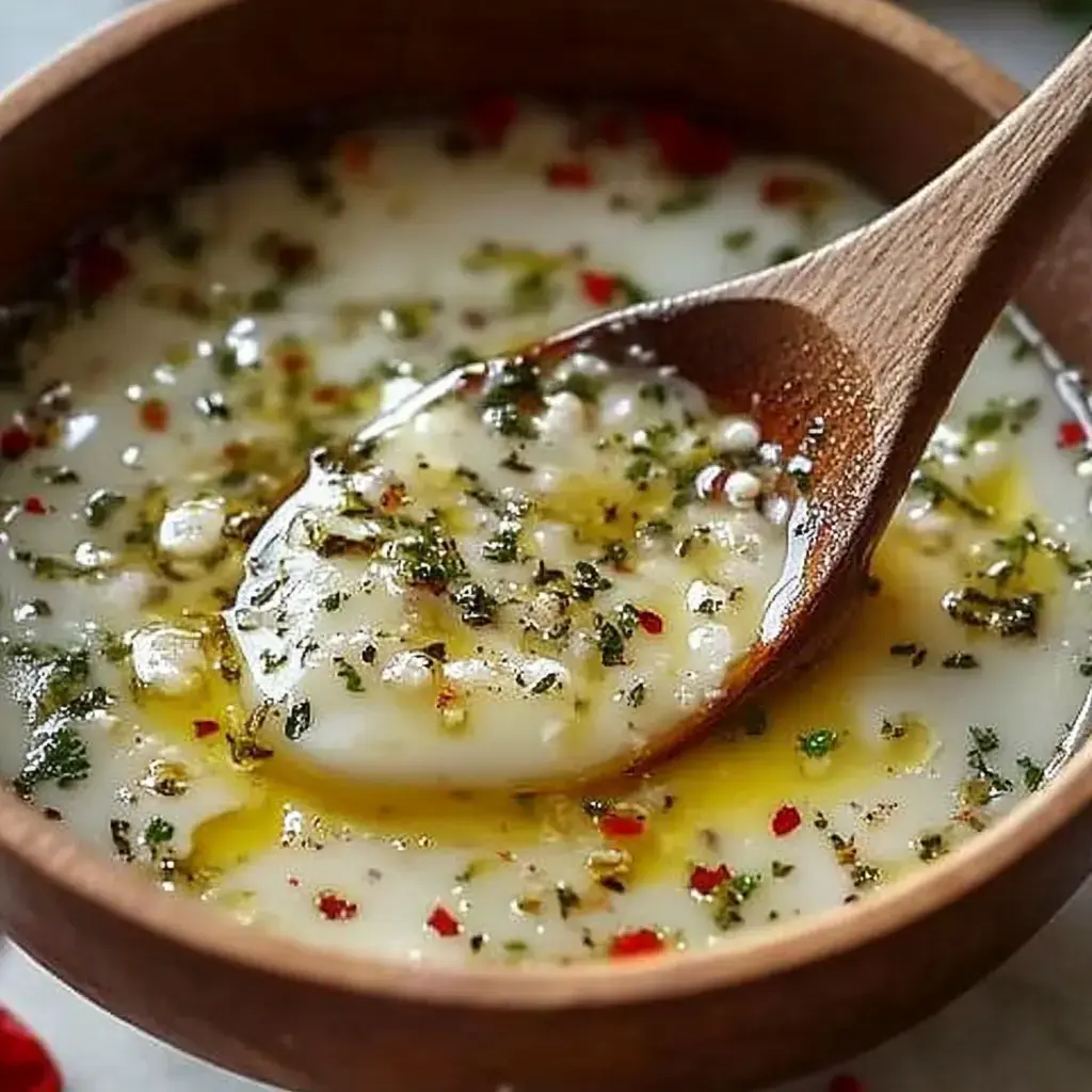 A wooden spoon rests in a bowl of a light, herby sauce with olive oil and red pepper flakes.