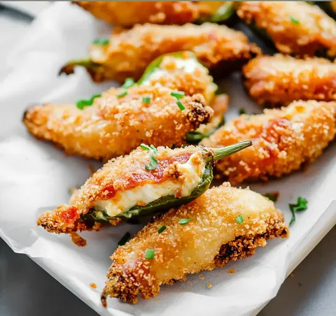 A plate of crispy, breaded jalapeño poppers stuffed with creamy cheese and topped with chopped herbs.