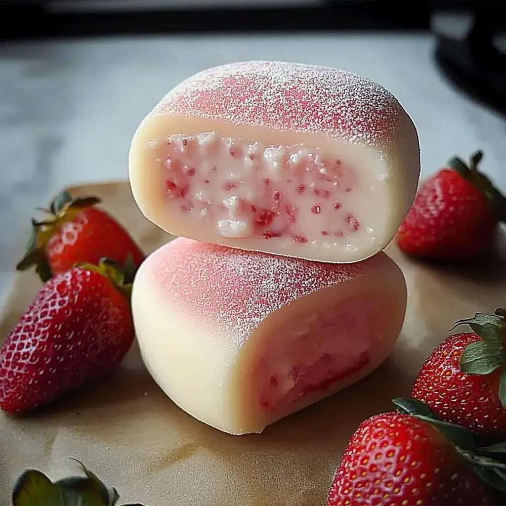 A close-up image of two pieces of pink strawberry mochi, with fresh strawberries scattered around them.