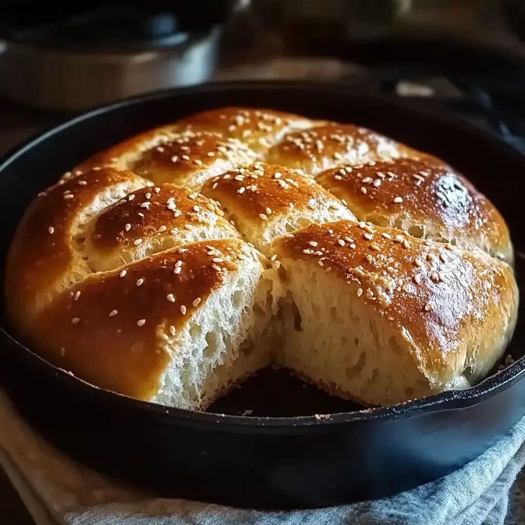 A golden brown bread with sesame seeds, partially sliced, rests in a black skillet on a cloth.