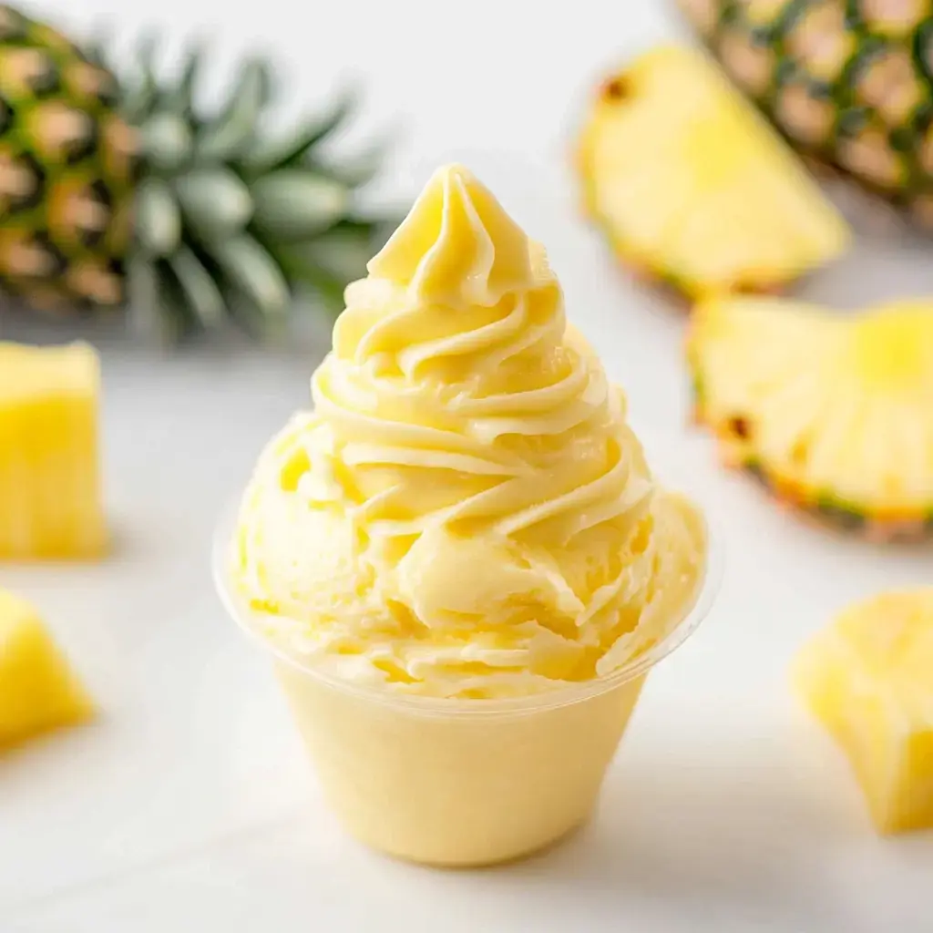 A creamy, yellow pineapple soft serve ice cream in a cup, surrounded by fresh pineapple slices.