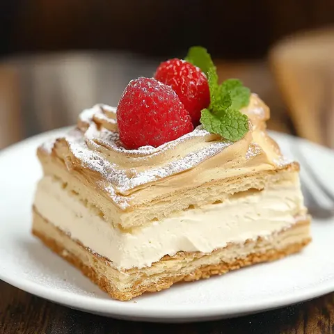 A slice of layered pastry with cream filling, topped with raspberries and a sprig of mint, served on a white plate.