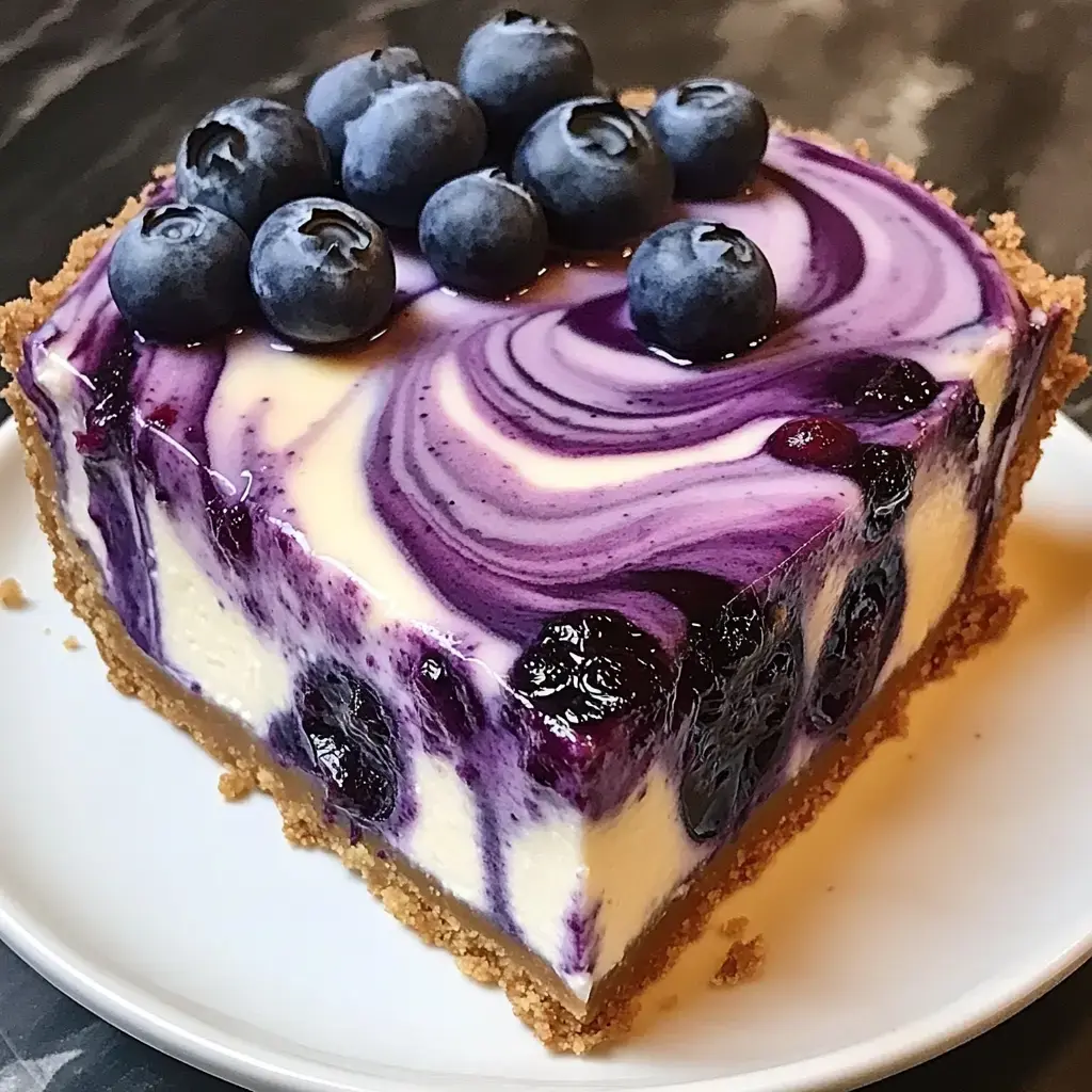 A slice of blueberry cheesecake with a creamy purple swirl and fresh blueberries on top, served on a white plate.