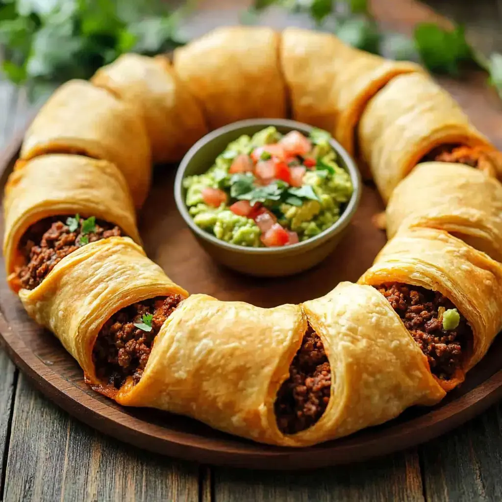 A circular platter displays a ring of crispy pastry filled with seasoned meat, accompanied by a bowl of guacamole and diced tomatoes.