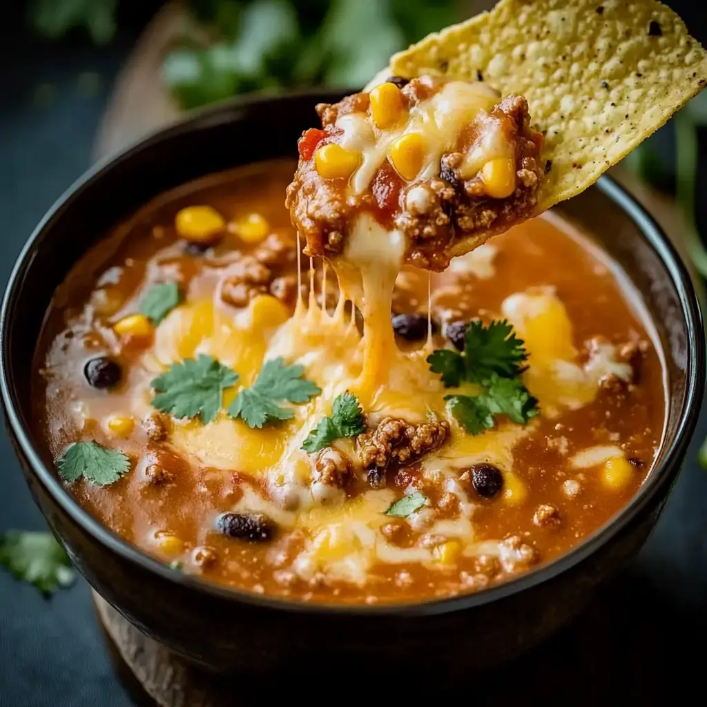 A bowl of flavorful chili, topped with melted cheese and cilantro, is being scooped up with a tortilla chip.