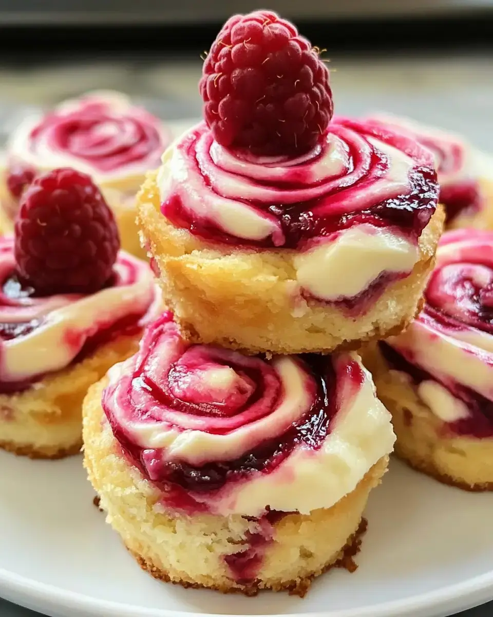 A plate of mini cupcakes topped with swirls of raspberry sauce and a fresh raspberry on each.