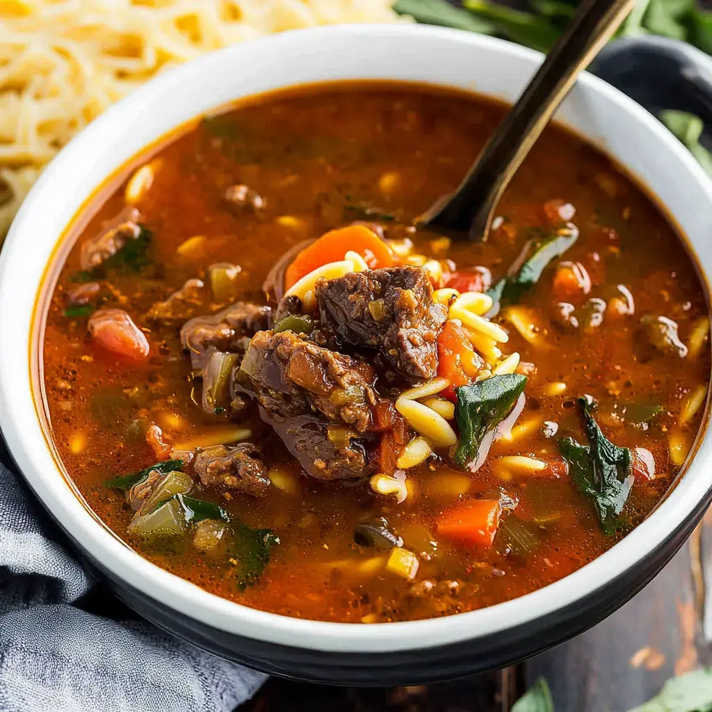 A bowl of hearty beef soup filled with vegetables and pasta sits on a wooden table.