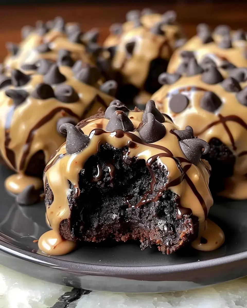 A close-up of a plate of chocolate desserts drizzled with caramel and topped with chocolate chips, with one cake showing a bite taken out.