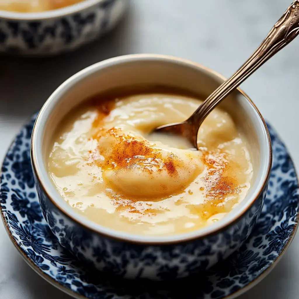 A close-up of a bowl of creamy dessert topped with a sprinkle of spice and a spoon resting inside, set on a decorative blue and white plate.