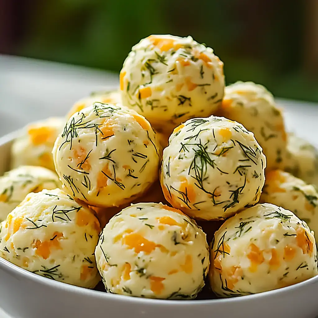 A close-up of a bowl filled with round cheese balls garnished with fresh dill and small pieces of orange cheese.