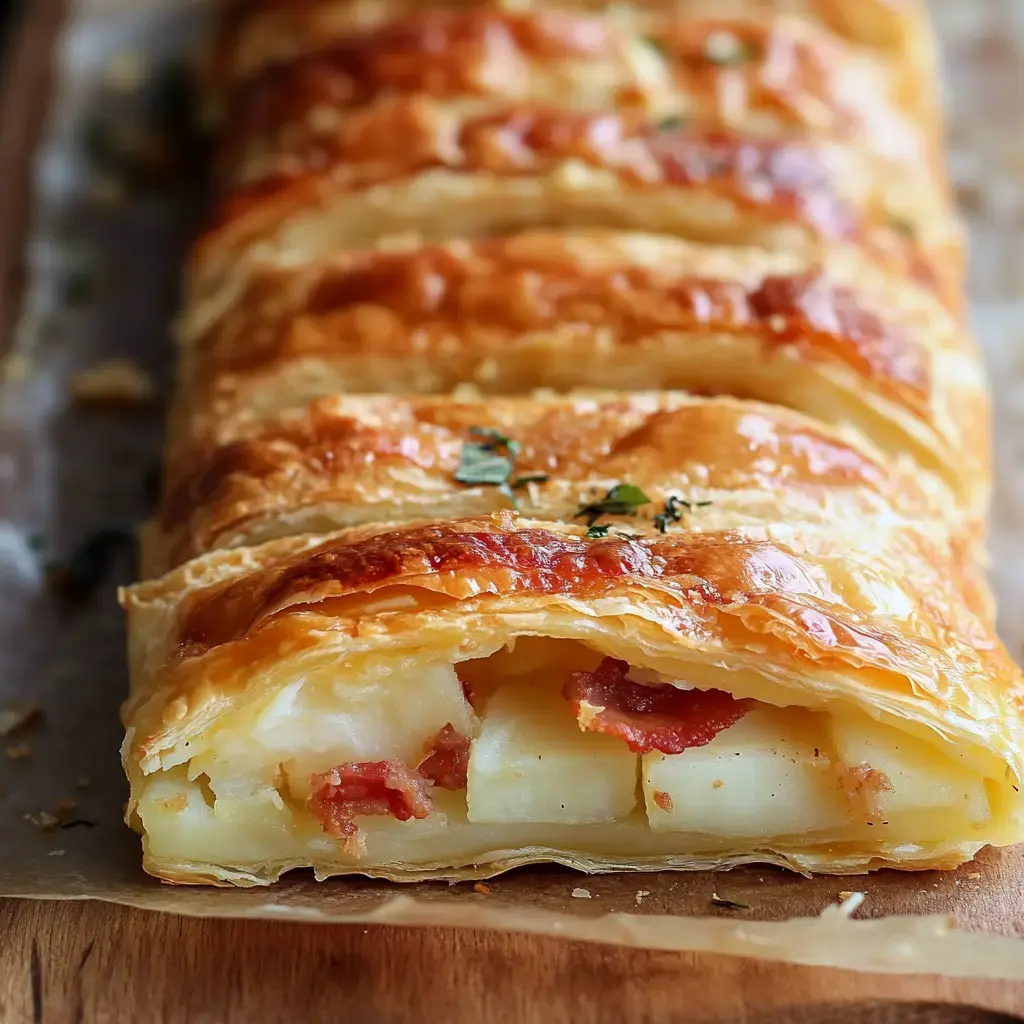 A golden-brown puff pastry roll filled with diced potatoes and bacon, garnished with herbs.