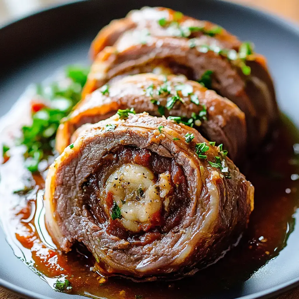 A close-up of sliced beef rolls filled with a savory stuffing, garnished with herbs and served on a dark plate with sauce.