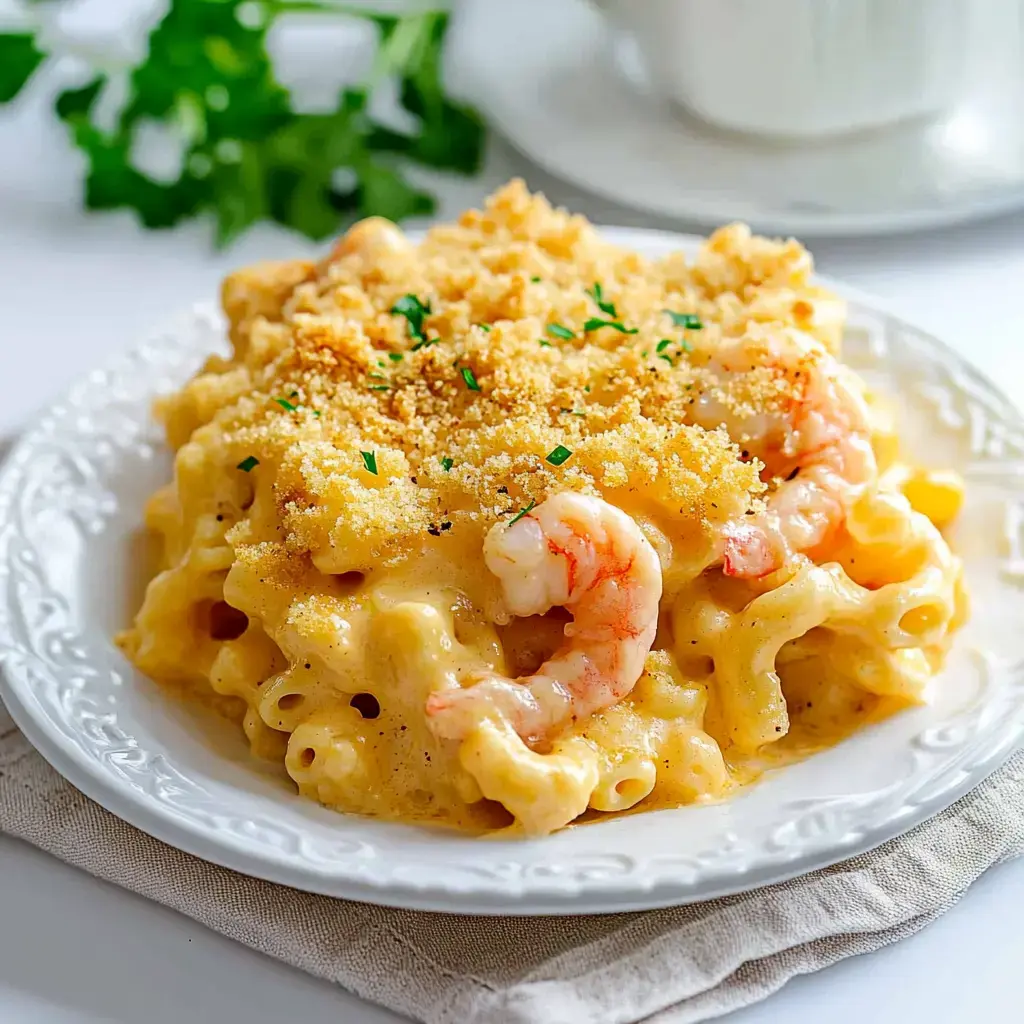 A creamy macaroni dish topped with breadcrumbs and shrimp, garnished with parsley, served on a decorative plate.