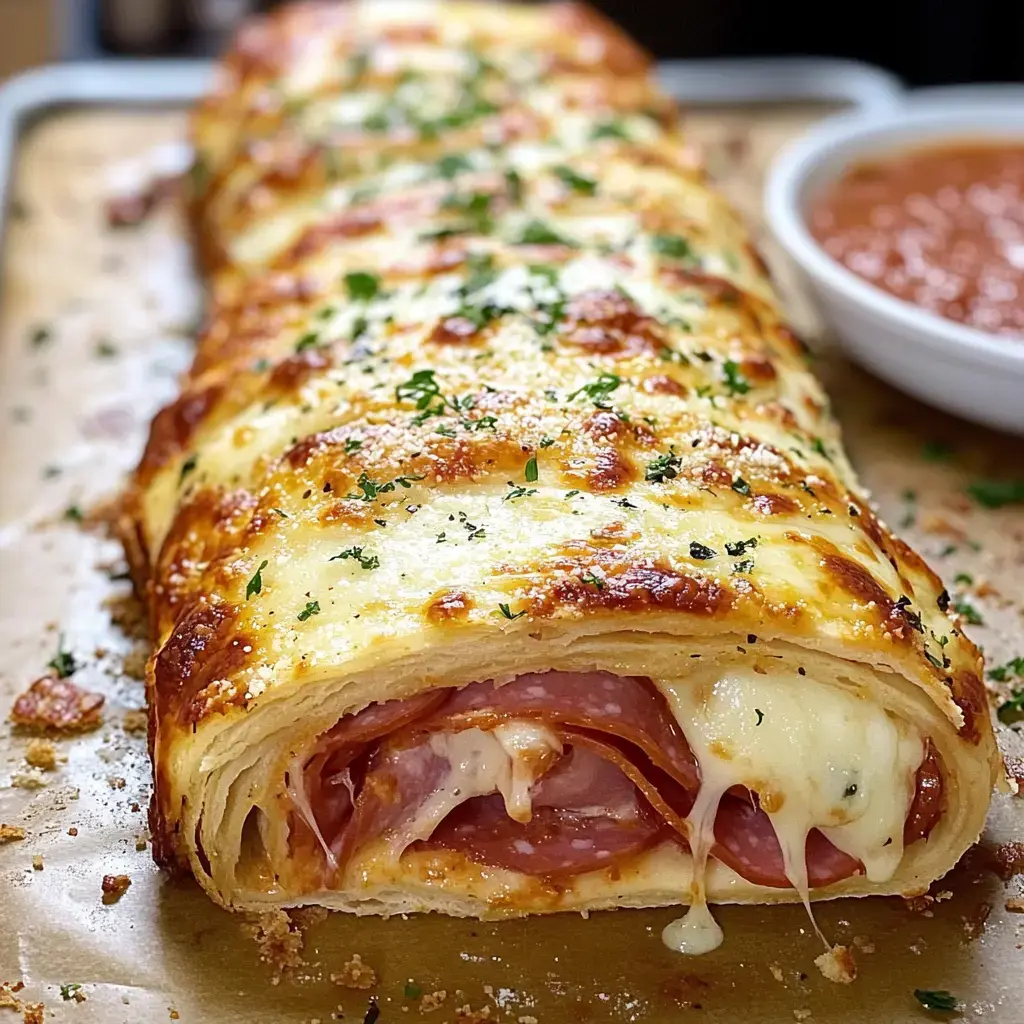 A golden, cheesy baked roll filled with layers of ham and melted cheese, served with a side of marinara sauce.