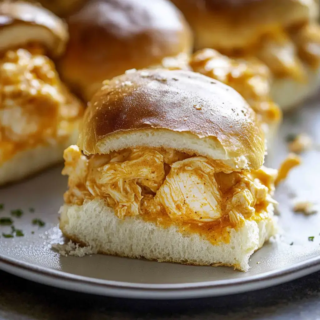 A close-up of a sandwich featuring shredded chicken mixed with a spicy sauce, served on a soft, golden bun.