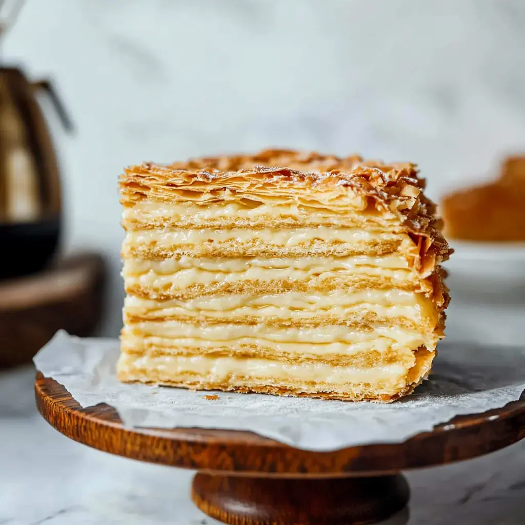 A slice of layered pastry dessert with cream filling is displayed on a wooden cake stand.