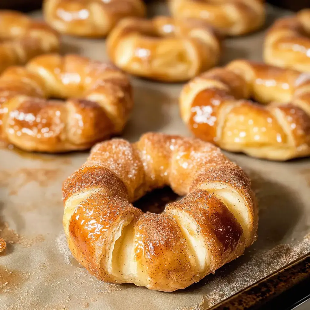 A close-up image of freshly baked, golden-brown pastry rings sprinkled with cinnamon sugar on a baking sheet.