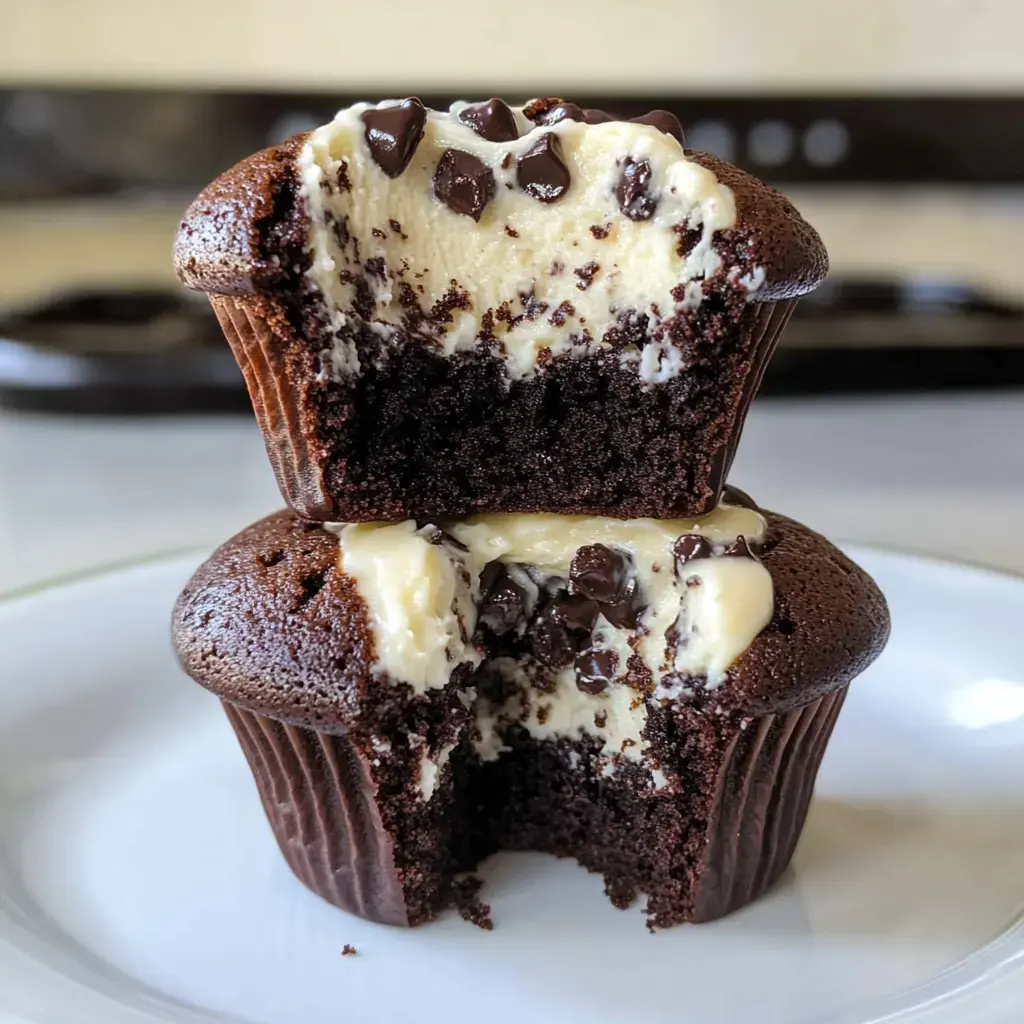 A stack of two chocolate cupcakes with creamy filling and chocolate chips, one partially bitten into, revealing its moist interior.