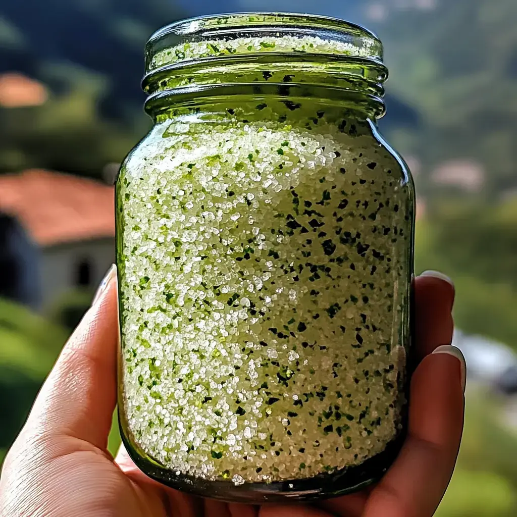 A hand holds a glass jar filled with green and white speckled sugar against a blurred outdoor backdrop.