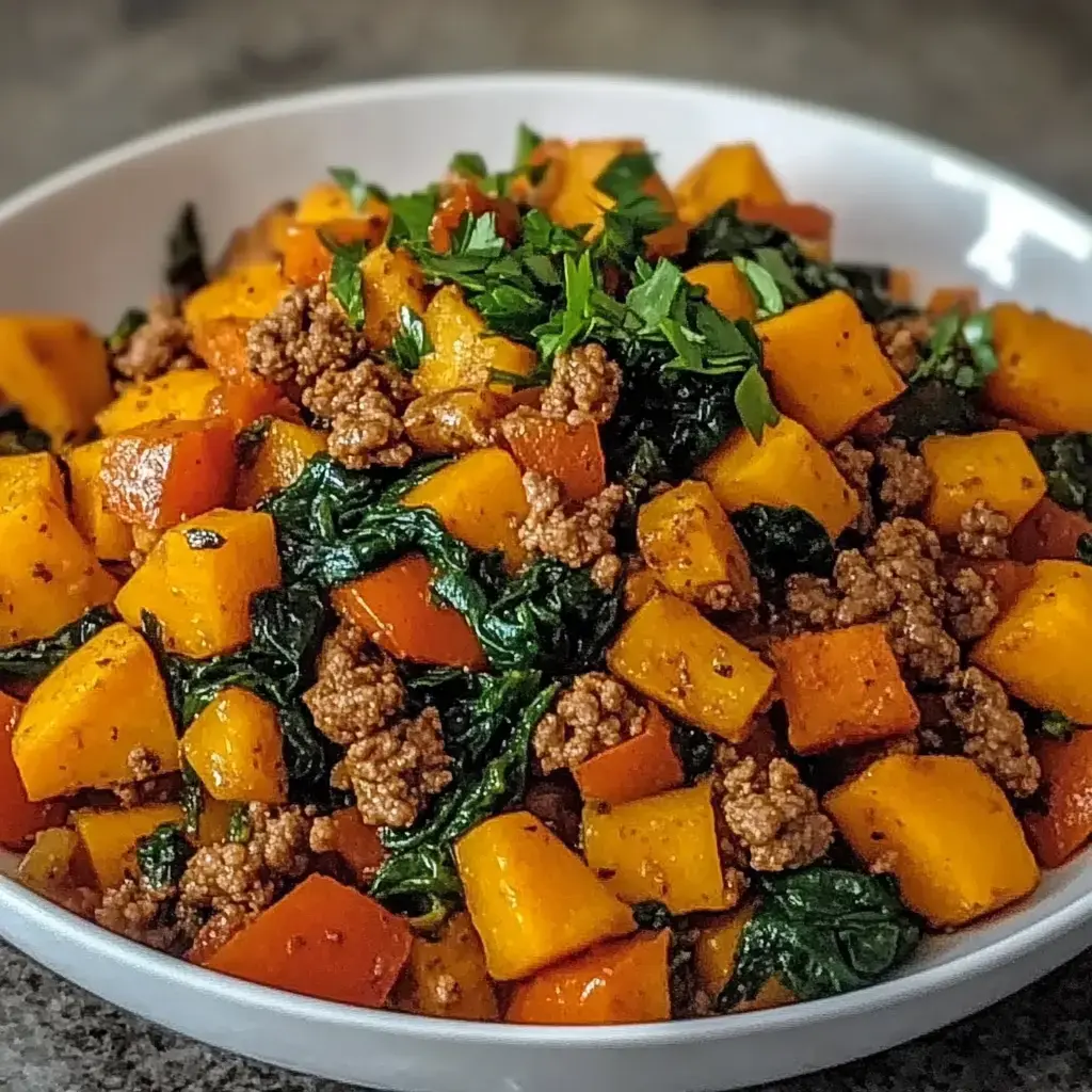 A bowl of sautéed butternut squash, spinach, and ground meat, garnished with fresh herbs.