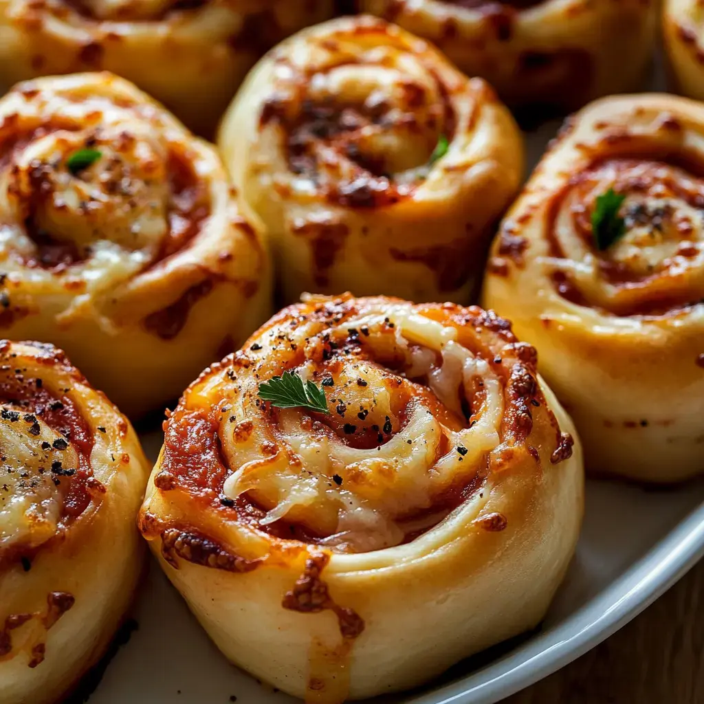 A close-up of freshly baked, golden-brown pizza rolls topped with melted cheese, marinara sauce, and sprinkled with herbs.