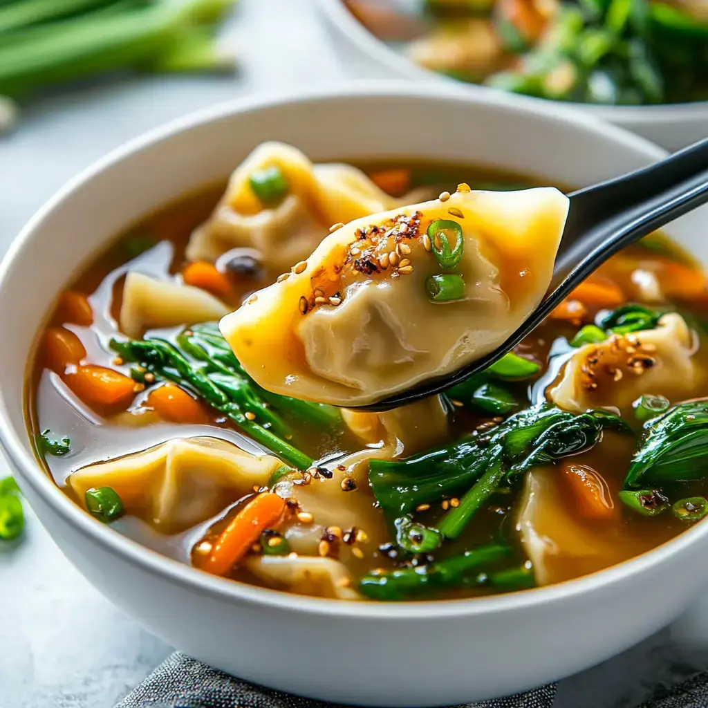 A close-up of a bowl of soup with dumplings, vegetables, and a spoon holding a dumpling above the surface.