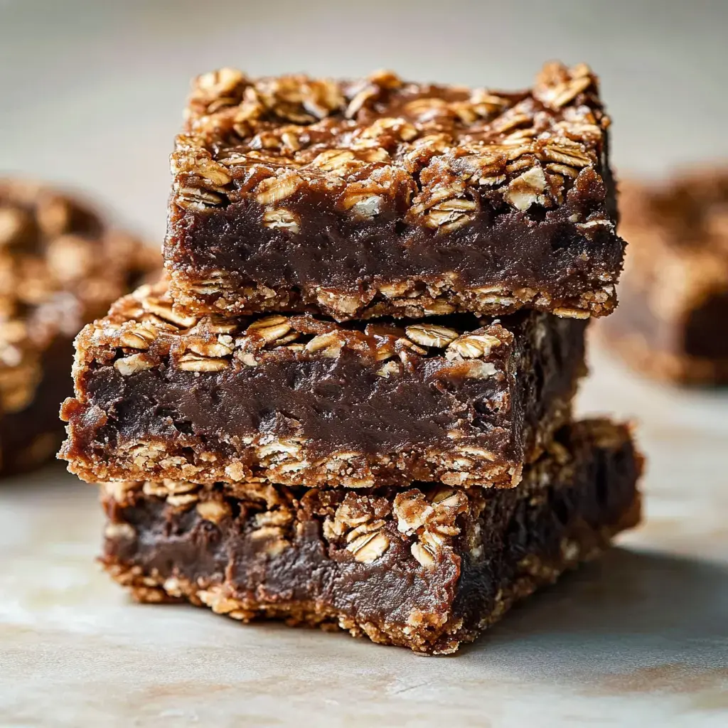 A stack of chewy chocolate oat bars, showcasing layers of oats and a rich chocolate filling.