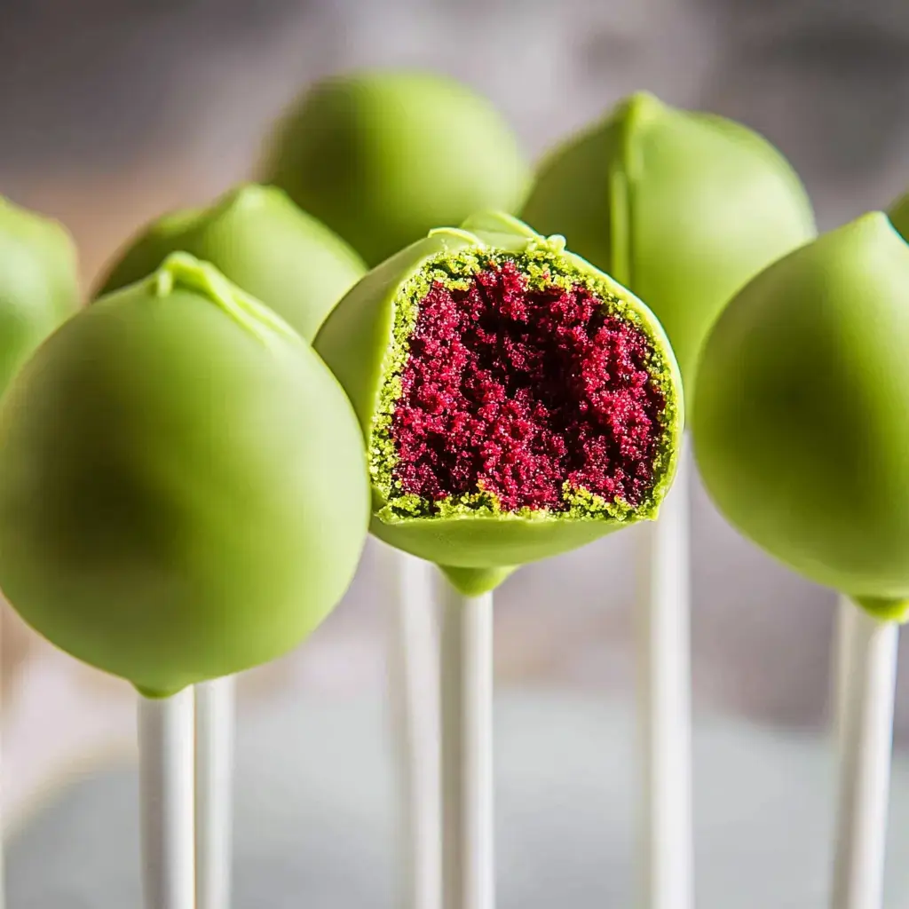 A close-up of green cake pops, with one partially bitten to reveal a vibrant red interior.